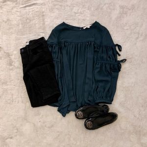 LOFT Dark Green Tie Sleeve Blouse